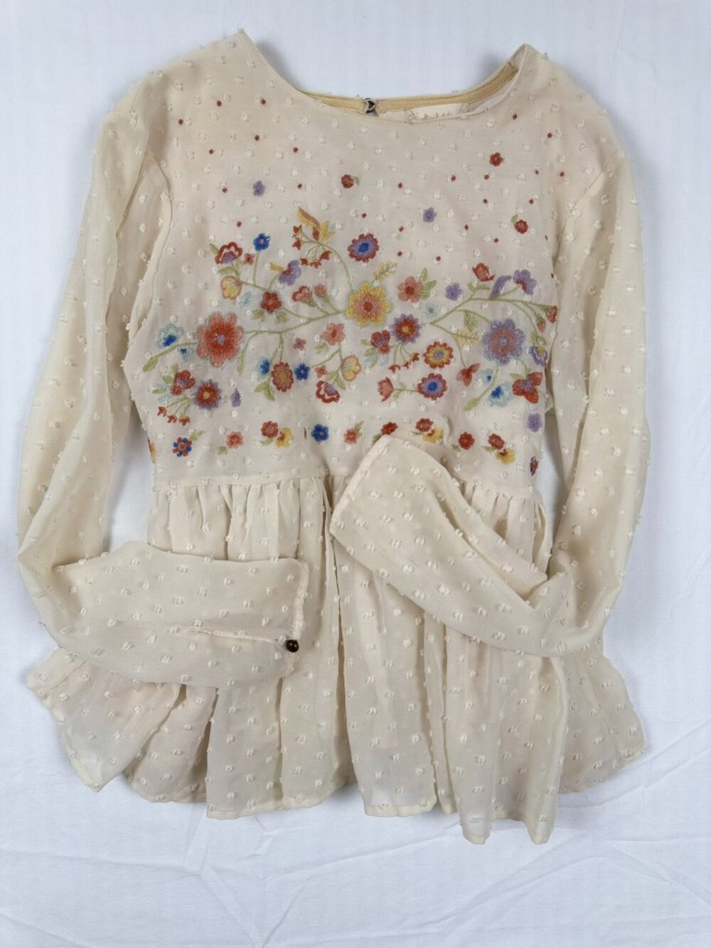 Altar'd State Embroidered Floral Swiss Dot Peplum Blouse Boho Tie Back Small